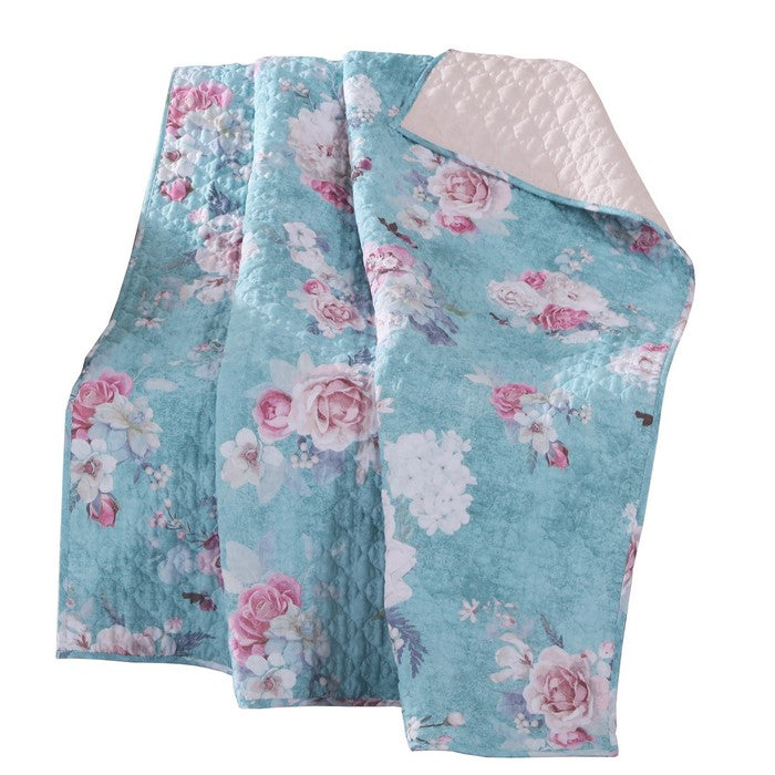 60 x 50 Inches Polyester Throw Blanket with Floral Print, Blue and White