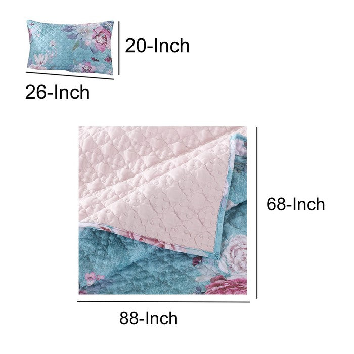 2 Piece Twin Size Quilt Set with Floral Print, Blue and White