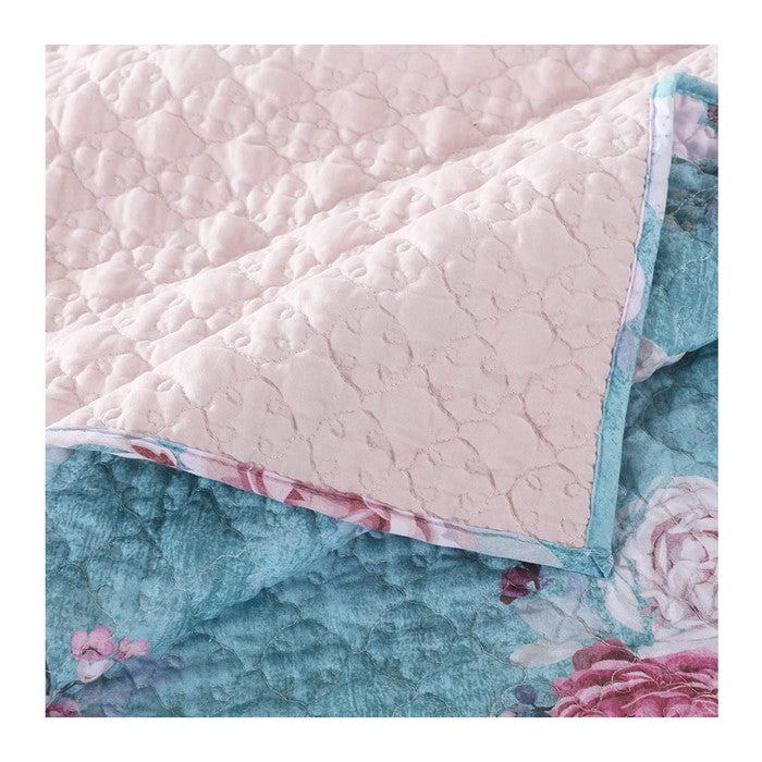 3 Piece King Size Quilt Set with Floral Print, Blue and White