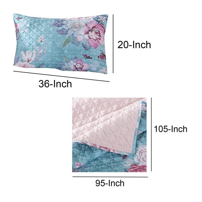 3 Piece King Size Quilt Set with Floral Print, Blue and White