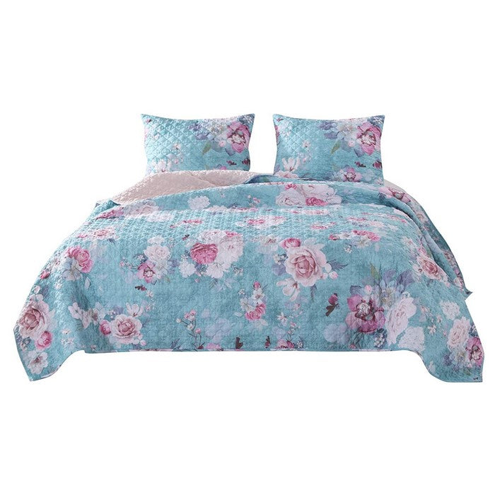 3 Piece King Size Quilt Set with Floral Print, Blue and White