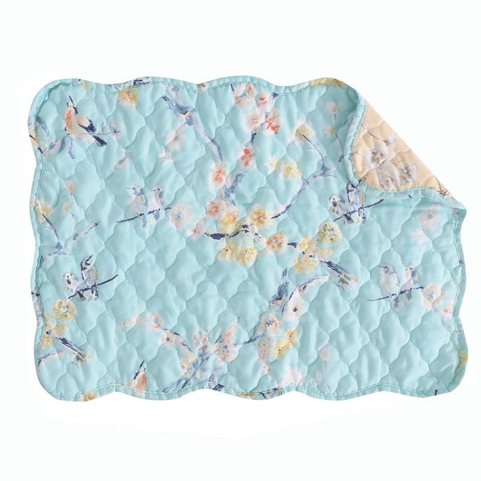 4 Piece Polyester Placemat Set with Songbird and Branches Print, Blue
