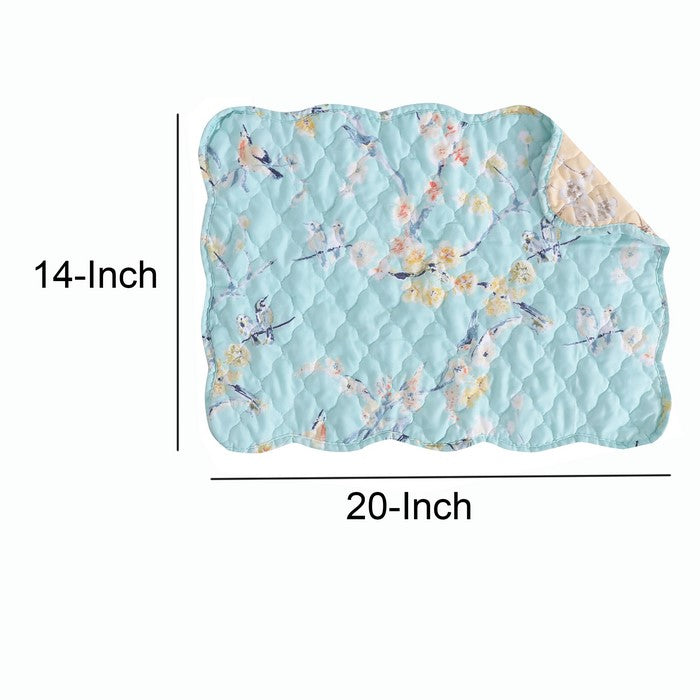 4 Piece Polyester Placemat Set with Songbird and Branches Print, Blue