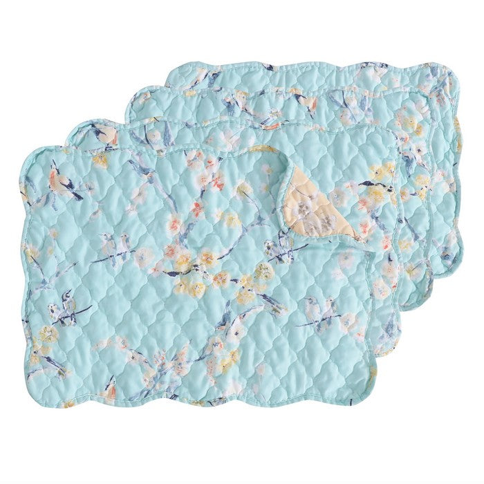 4 Piece Polyester Placemat Set with Songbird and Branches Print, Blue