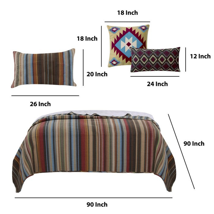 Stripe Pattern Cotton Quilt Set with 2 Quilt Shams and 2 Pillows,Multicolor