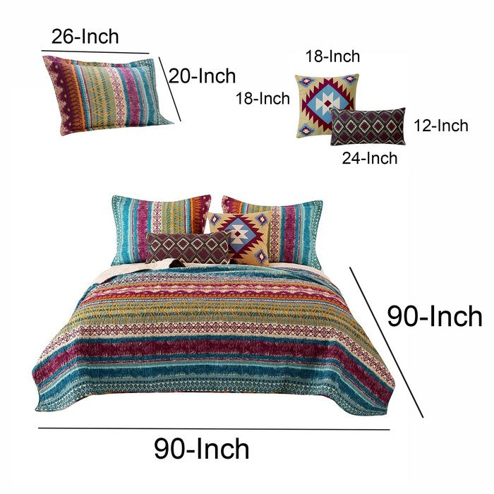 Tribal Print Full Quilt Set with Decorative Pillows, Multicolor