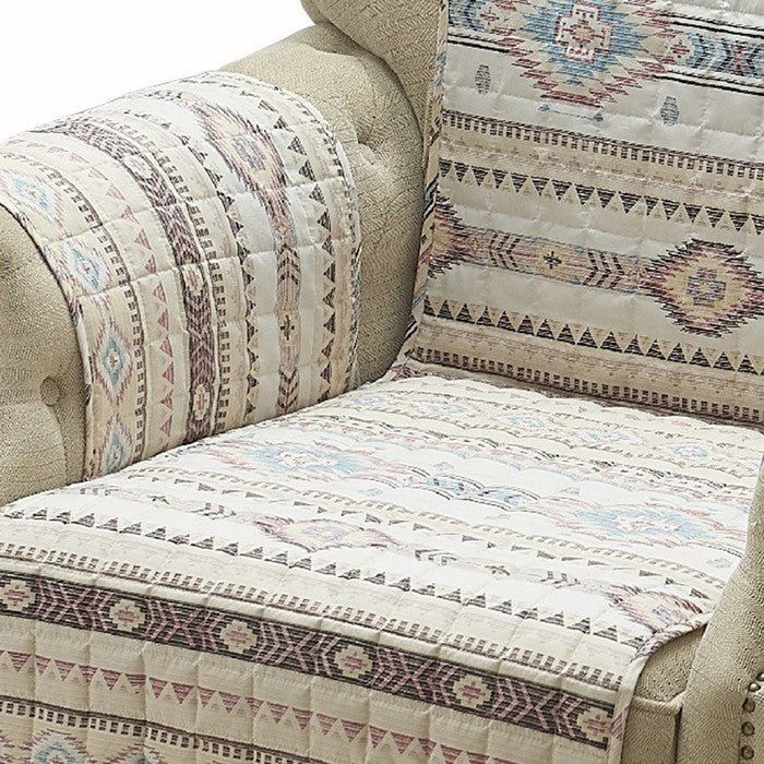 Kilim Pattern Polyester Arm Chair Protector with Elactic Strap, Multicolor
