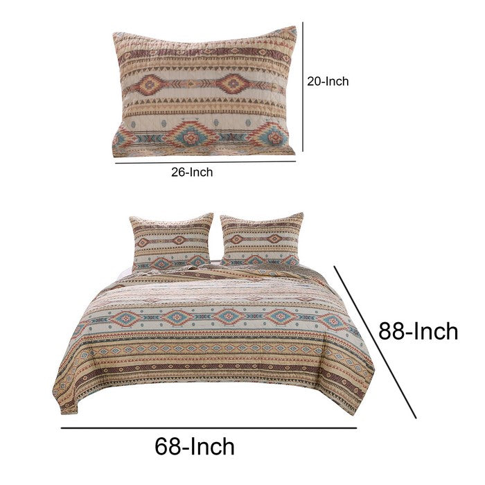 Twin Size 2 Piece Polyester Quilt Set with Kilim Pattern, Multicolor