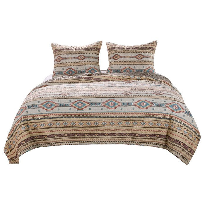 King Size 3 Piece Polyester Quilt Set with Kilim Pattern, Multicolor