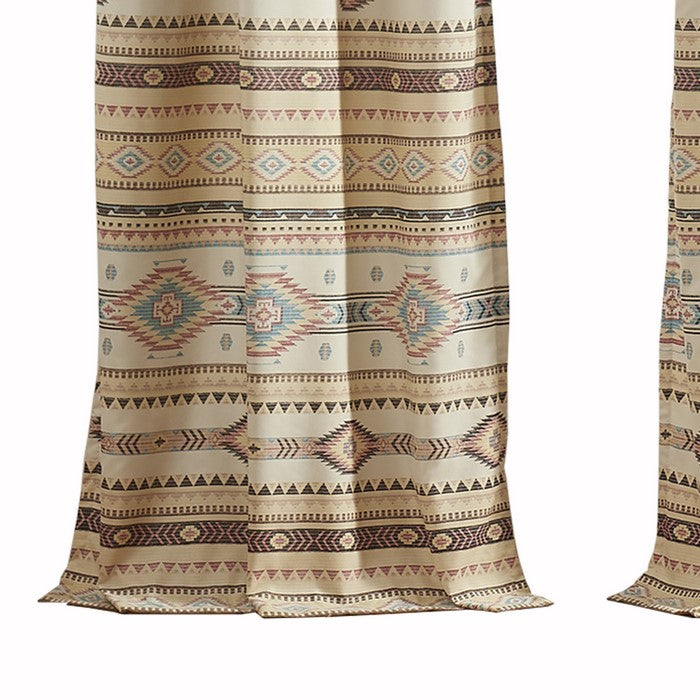 Polyester Panel Pair with Kilim Pattern and 2 Tie Backs, Multicolor