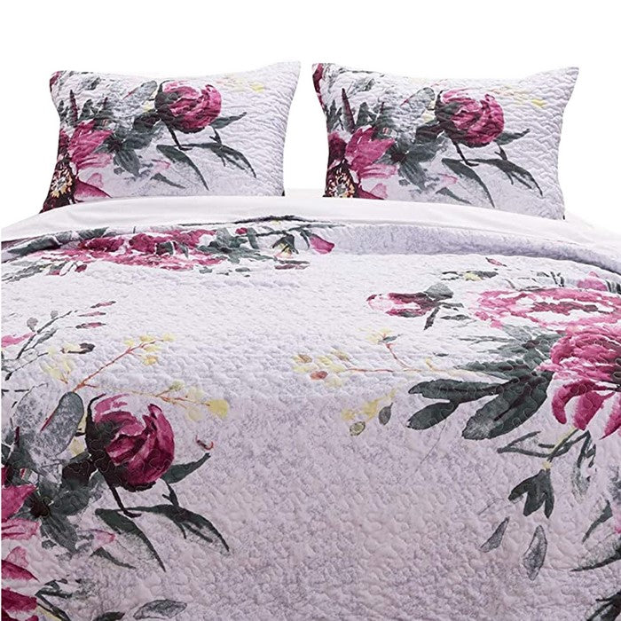 Twin Size 2 Piece Polyester Quilt Set with Rose Prints, Multicolor