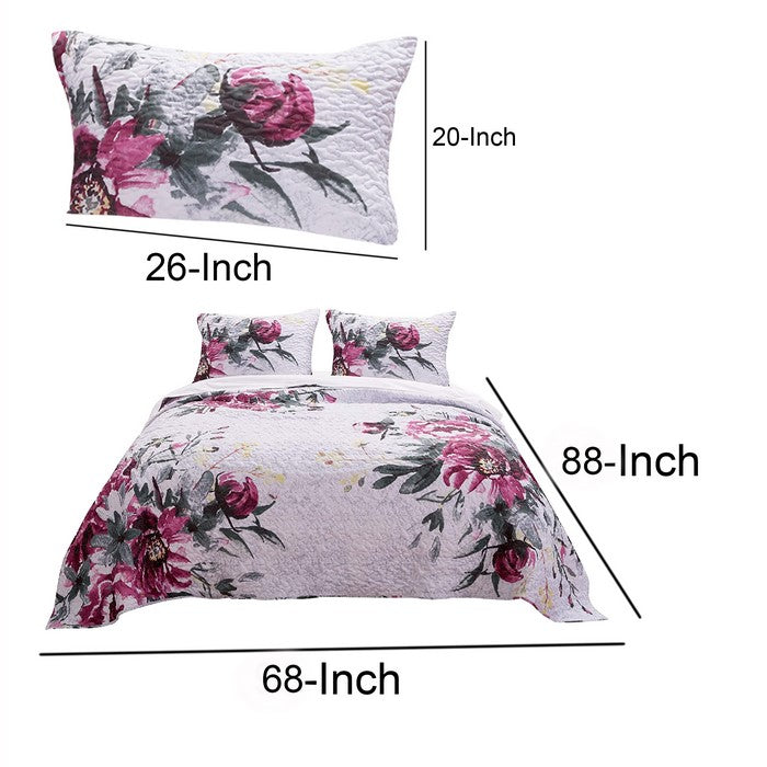 Twin Size 2 Piece Polyester Quilt Set with Rose Prints, Multicolor