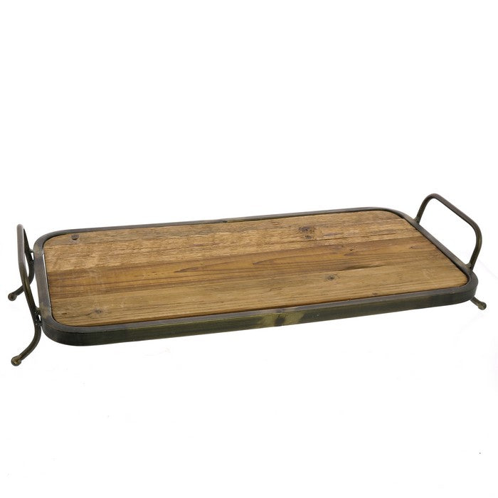 Rectangular Wooden Tray With Metal Framework and Curved Feet, Brown