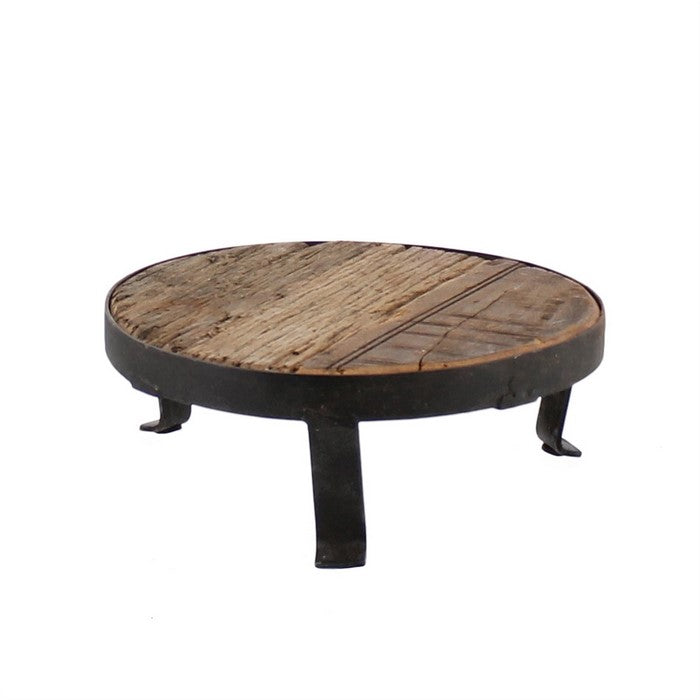 Circular Wooden Pedestal with Metal Frame and Curved Feet, Brown