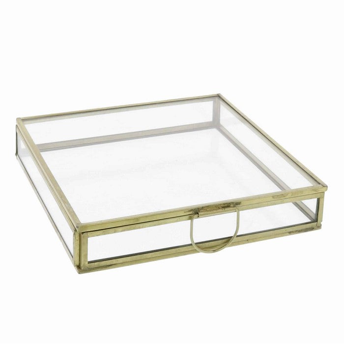 Modern Designed Flat Square Top Box with Glass Walls, Gold and Clear