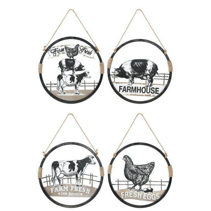 Farmhouse Animals Round Metal Wall Art, Assortment of 4, Black and White