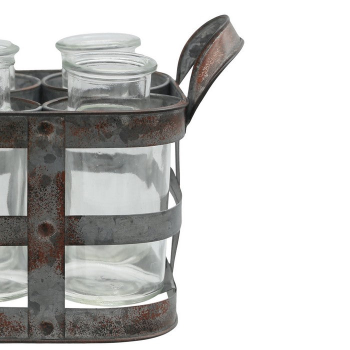 6 Bottles Metal Bud Vase Holder with Side Handles, Set of 2, Gray