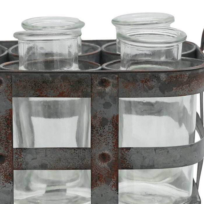 6 Bottles Metal Bud Vase Holder with Side Handles, Set of 2, Gray