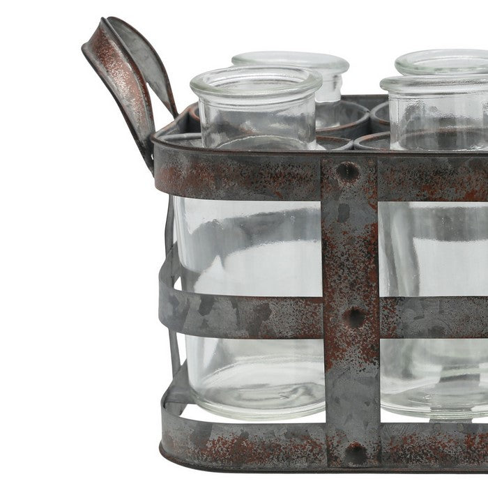 6 Bottles Metal Bud Vase Holder with Side Handles, Set of 2, Gray