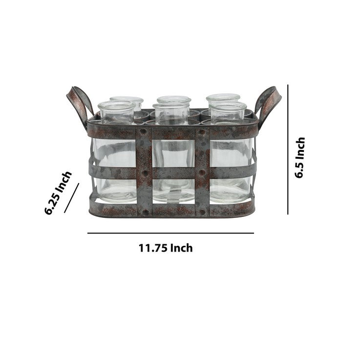 6 Bottles Metal Bud Vase Holder with Side Handles, Set of 2, Gray
