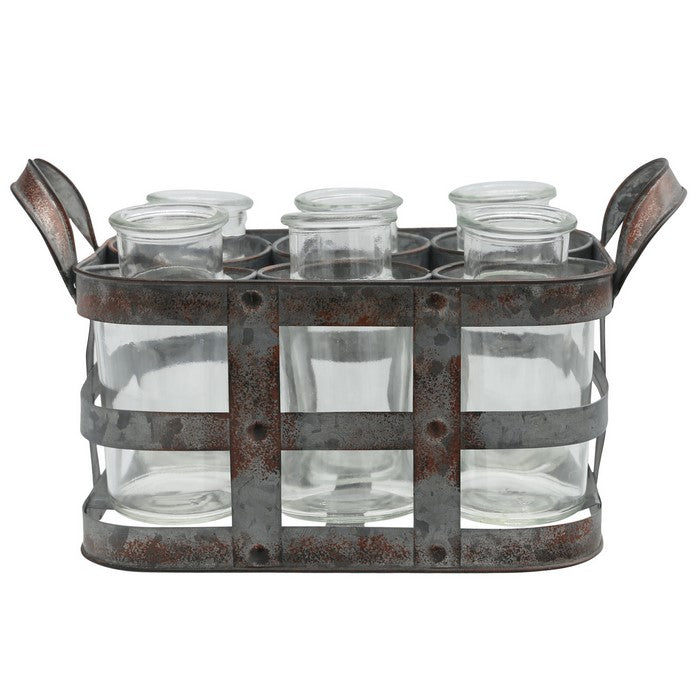 6 Bottles Metal Bud Vase Holder with Side Handles, Set of 2, Gray