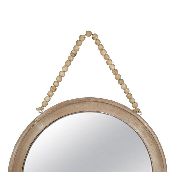 Round Wooden Top Wall Mirror with Beaded Hanger, Set of 2, Brown