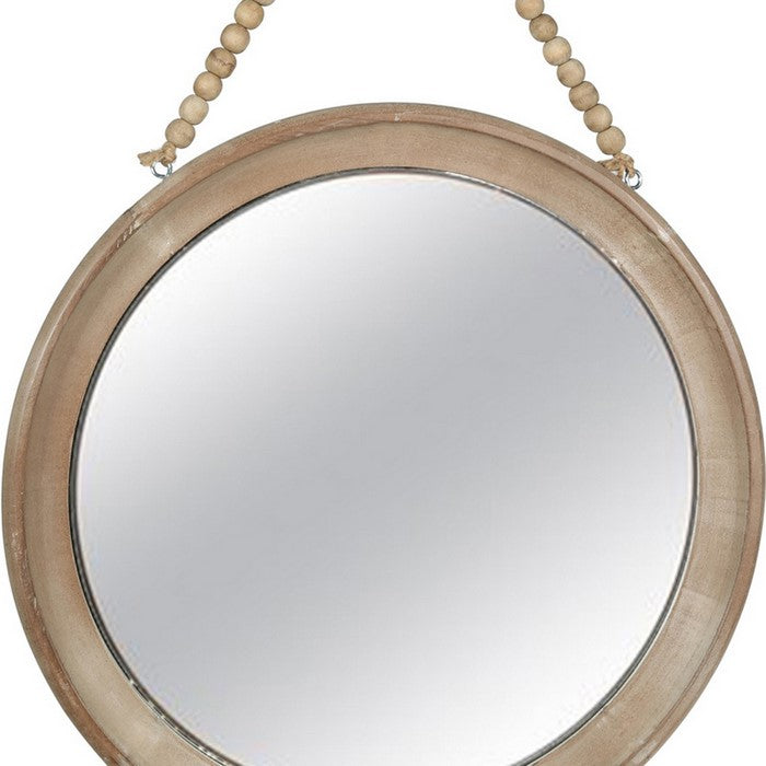 Round Wooden Top Wall Mirror with Beaded Hanger, Set of 2, Brown