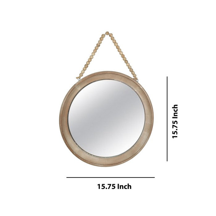 Round Wooden Top Wall Mirror with Beaded Hanger, Set of 2, Brown