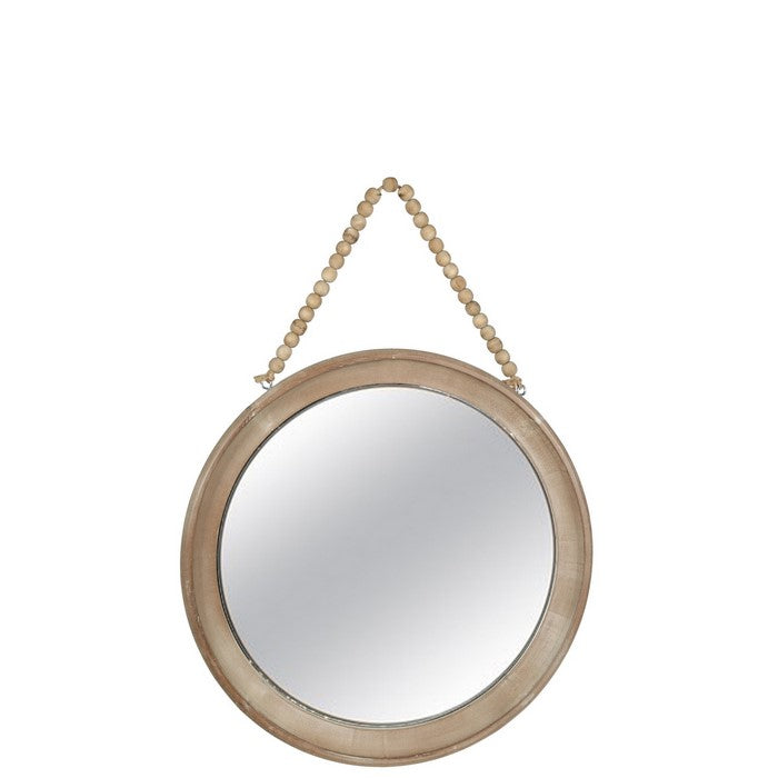 Round Wooden Top Wall Mirror with Beaded Hanger, Set of 2, Brown