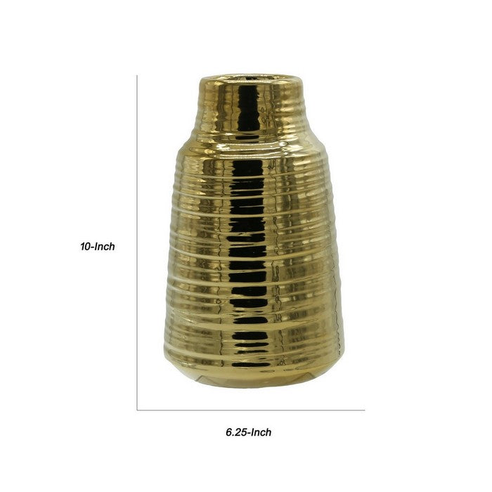 Combed Design Ceramic Vase with Broad Lip, Set of 2, Gold