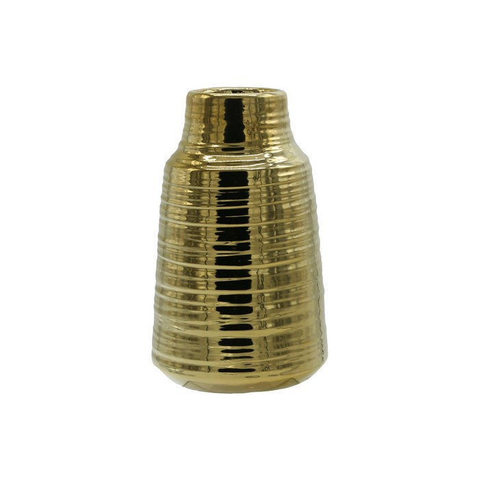 Combed Design Ceramic Vase with Broad Lip, Set of 2, Gold