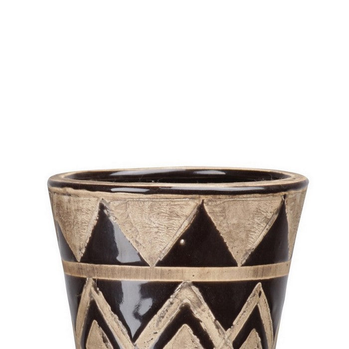 Hourglass Shaped Vase with Trumpet Mouth and Tribal Pattern, Set of 2,Brown