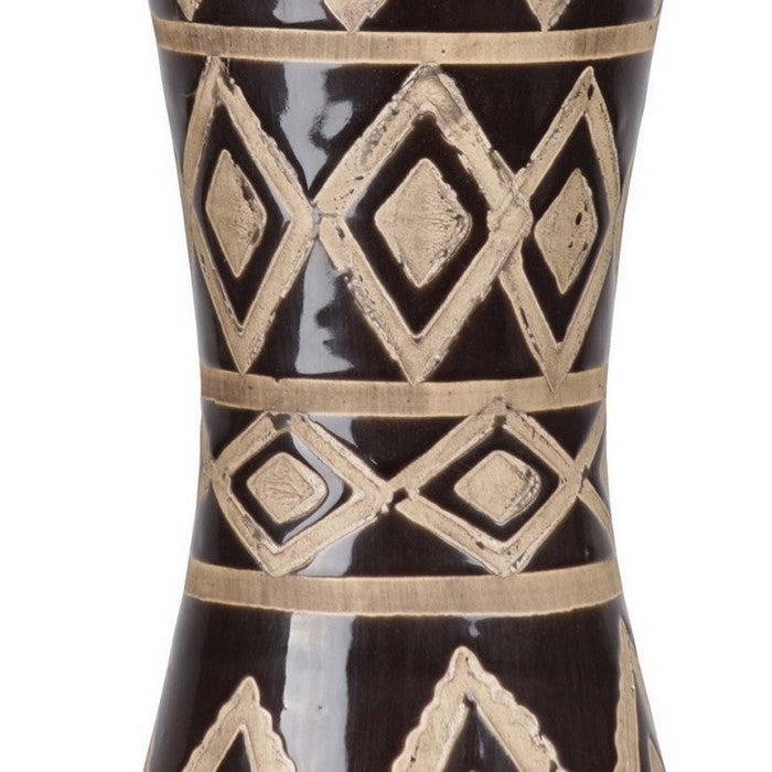 Hourglass Shaped Vase with Trumpet Mouth and Tribal Pattern, Set of 2,Brown