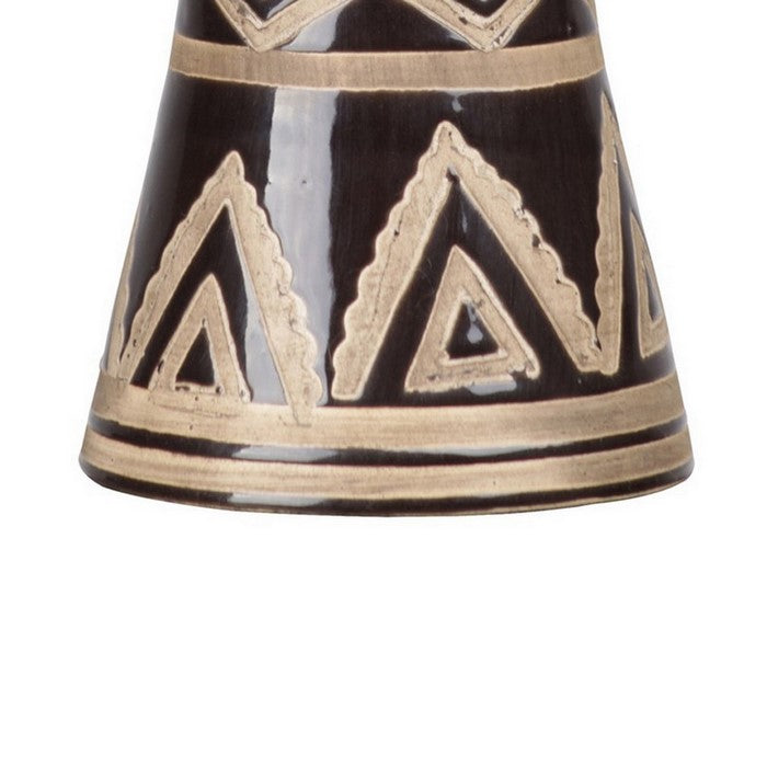 Hourglass Shaped Vase with Trumpet Mouth and Tribal Pattern, Set of 2,Brown