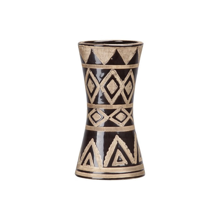 Hourglass Shaped Vase with Trumpet Mouth and Tribal Pattern, Set of 2,Brown