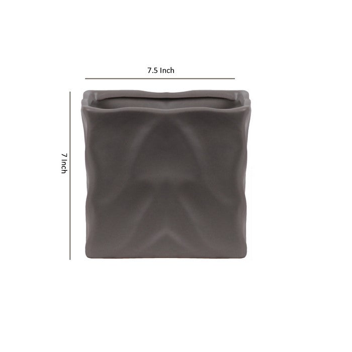 Square Ceramic Pot with Embossed Wave Design, Set of 4, Gray