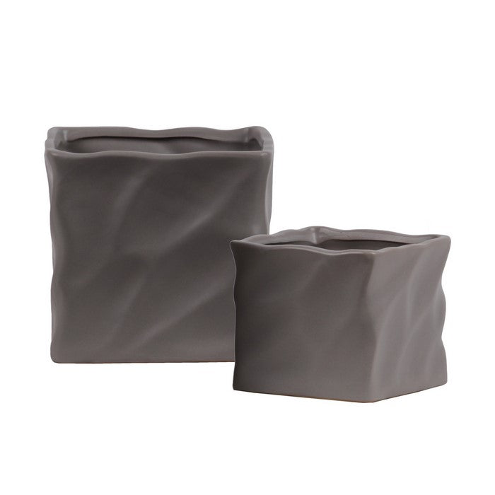 Square Ceramic Pot with Embossed Wave Design, Set of 4, Gray