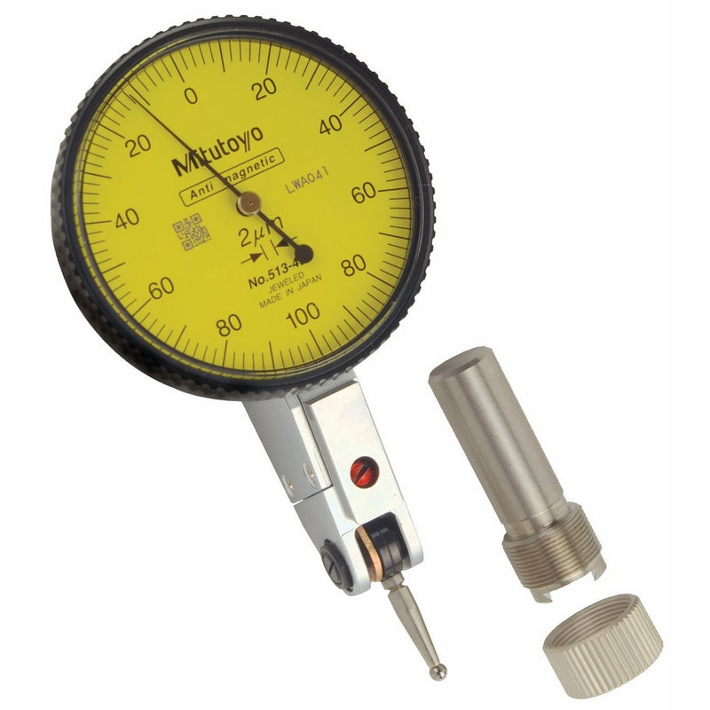 Mitutoyo 513-405E Dial Test Indicator, Basic Set, Horizontal Type, 8mm Stem Dia., Yellow Dial, 0-100-0 Reading, 40mm Dial Dia., 0-0.2mm Range, 0.002mm Graduation, /-0.003mm Accuracy