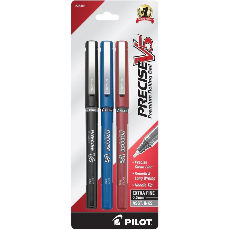 Pilot Precise V5 Stick Rolling Ball Pens, Extra Fine Point, 3-Pack, Black/Blue/Red Inks (35354)