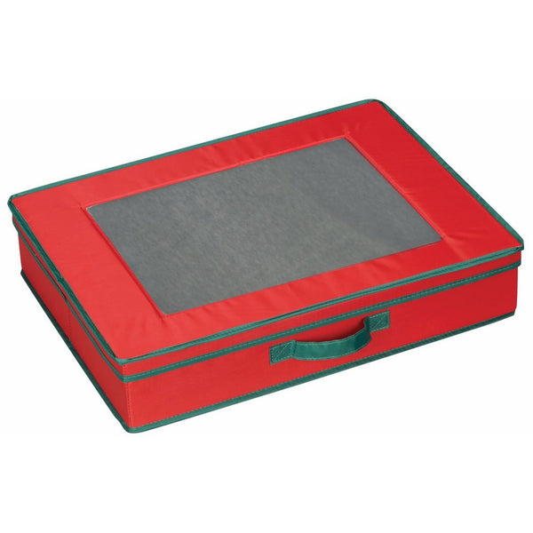 Household Essentials 545 Holiday Vision Storage Box with Lid and Handles | Tabletop Linen Storage Set | Red Canvas with Green Trim