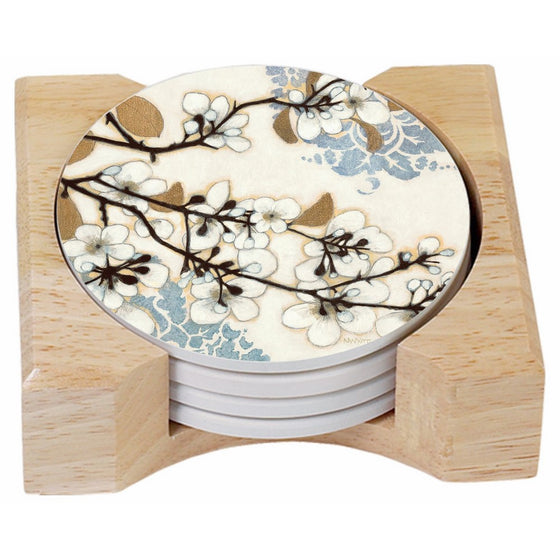 CounterArt Dogwood Branch Design Absorbent Coasters in Wooden Holder, Set of 4