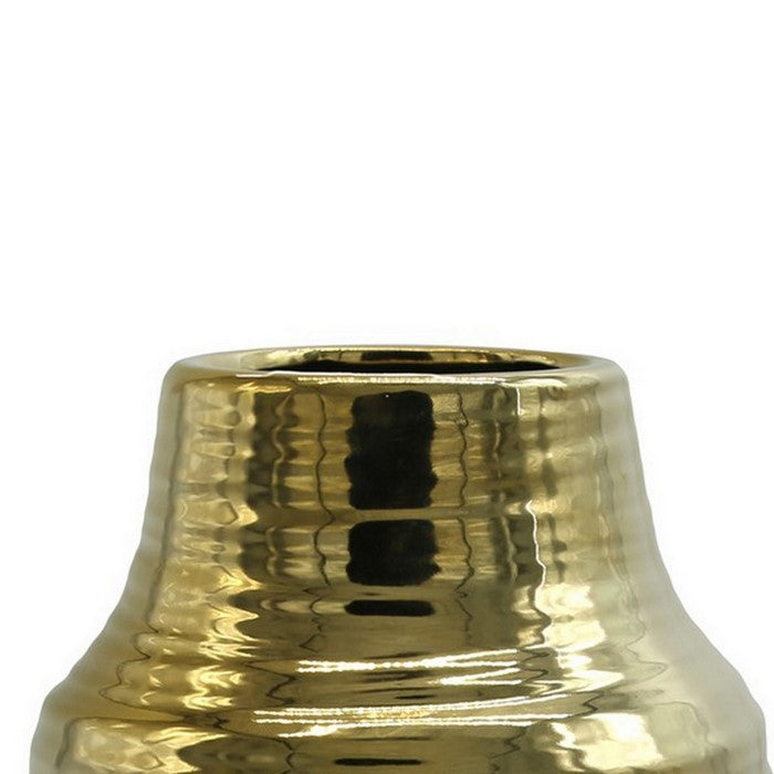 Ceramic Round Vase with Broad Lips and Combed Design, Set of 2, Gold