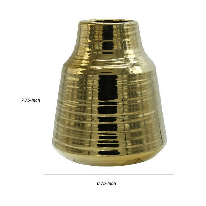 Ceramic Round Vase with Broad Lips and Combed Design, Set of 2, Gold