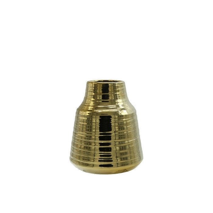 Ceramic Round Vase with Broad Lips and Combed Design, Set of 2, Gold