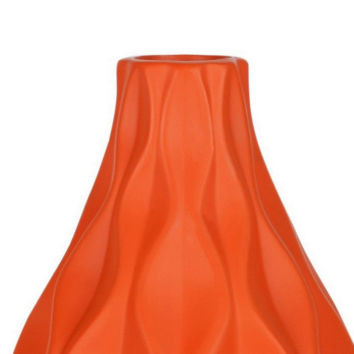 Ceramic Round Bellied Vase with Embossed Wave Design, Set of 2, Orange