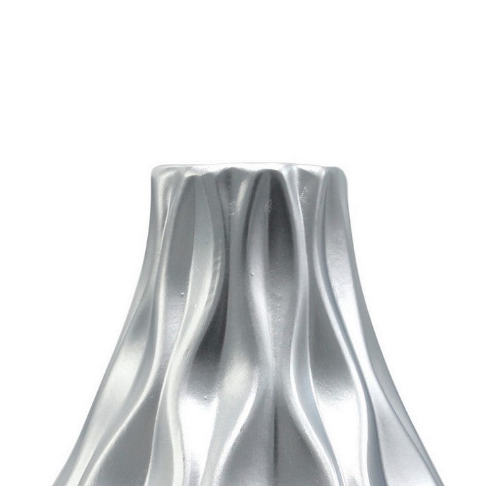 Ceramic Round Bellied Vase with Embossed Wave Design, Set of 2, Silver