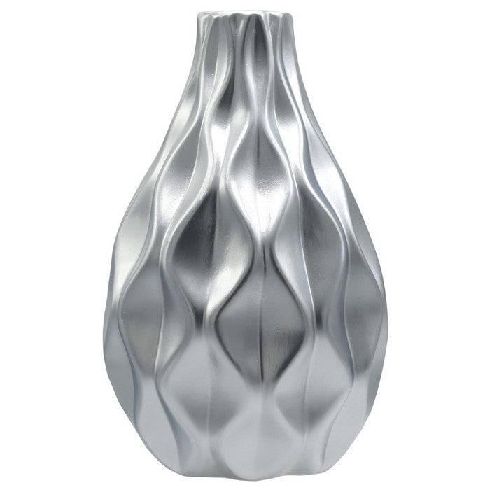 Ceramic Round Bellied Vase with Embossed Wave Design, Set of 2, Silver