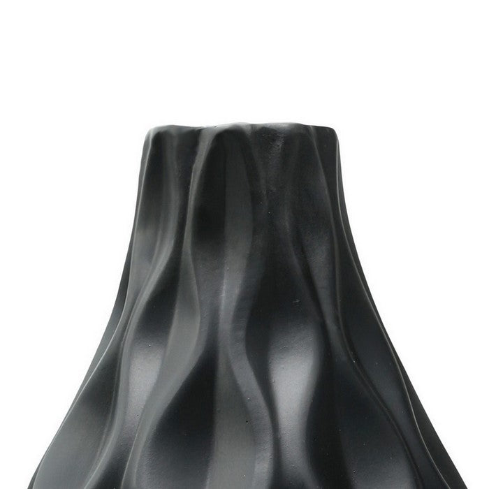 Ceramic Round Bellied Vase with Embossed Wave Design, Set of 2, Black