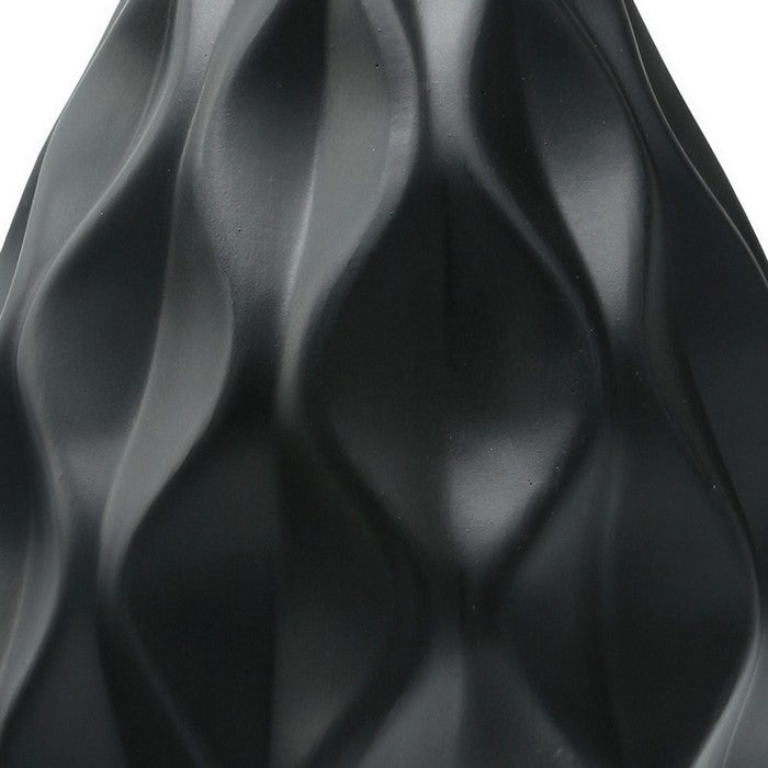 Ceramic Round Bellied Vase with Embossed Wave Design, Set of 2, Black