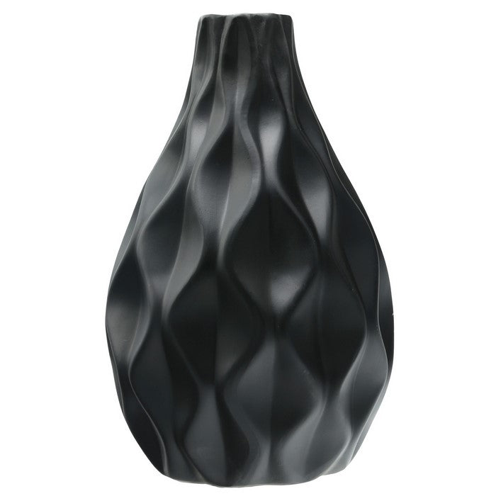 Ceramic Round Bellied Vase with Embossed Wave Design, Set of 2, Black